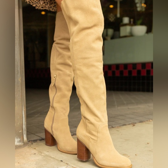 Kelsi Dagger Brooklyn Logan Fawn Thigh High Suede Boots Stacked Heel Chic Size 7 - Picture 2 of 11